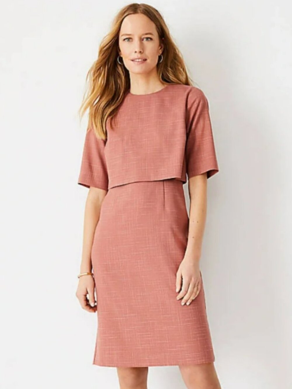 Ann Taylor Overlay Sheath Dress in Rose Pink Crosshatch